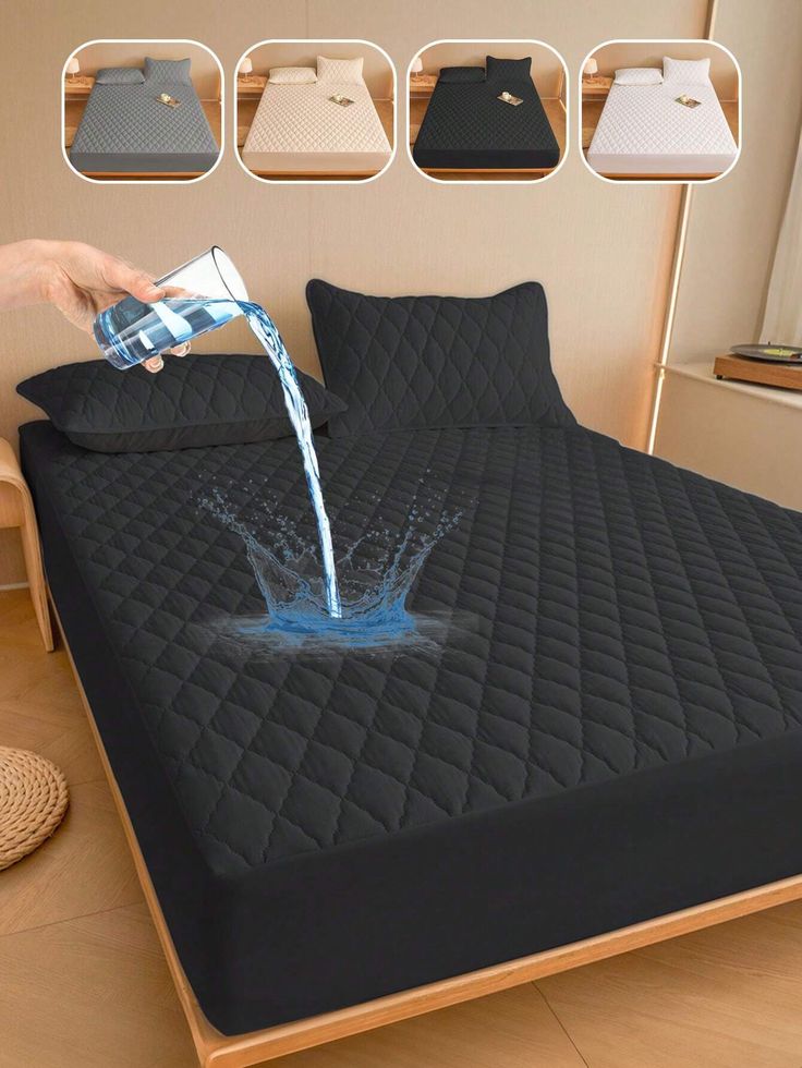 MAT Solid Colour Quilted Ultrasonic 100% Waterproof Mattress Cover For Double Bed Fitted Mattress Protector Anti Sleep Bed Sheet (BLACK)